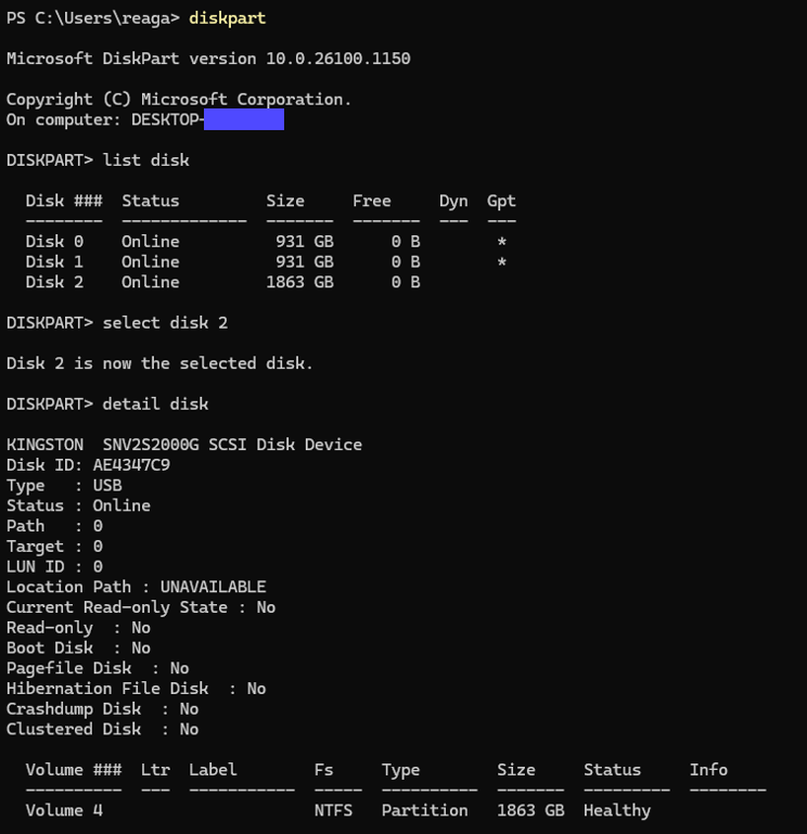 Windows diskpart fully identifies the drive and lists info