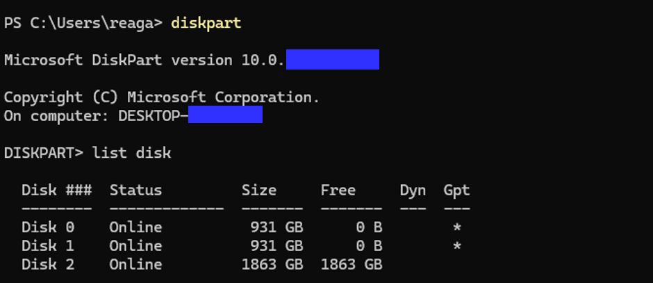diskpart showing the SSD can be detected