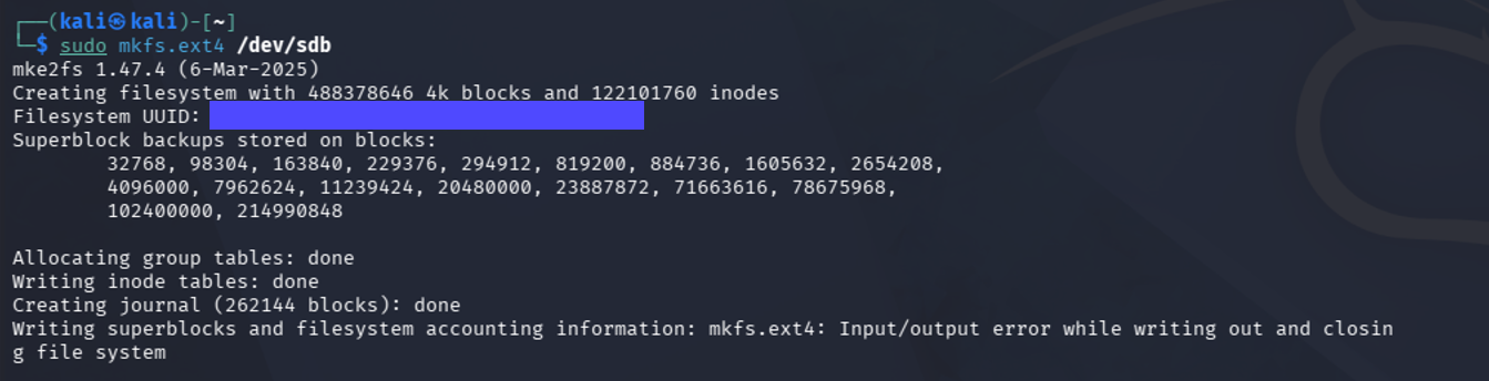 Kali shows a failed format at the very last stage