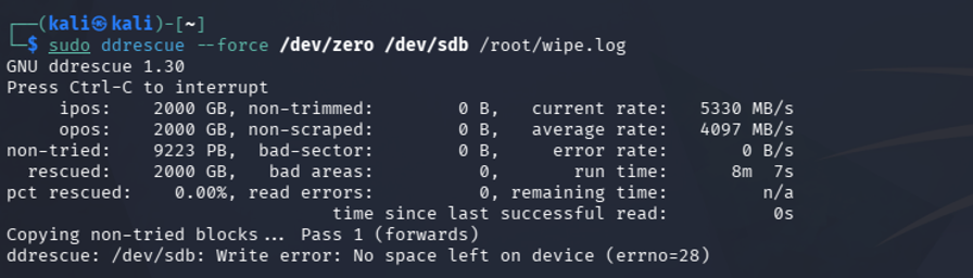 Kali shows a successful wipe of the drive