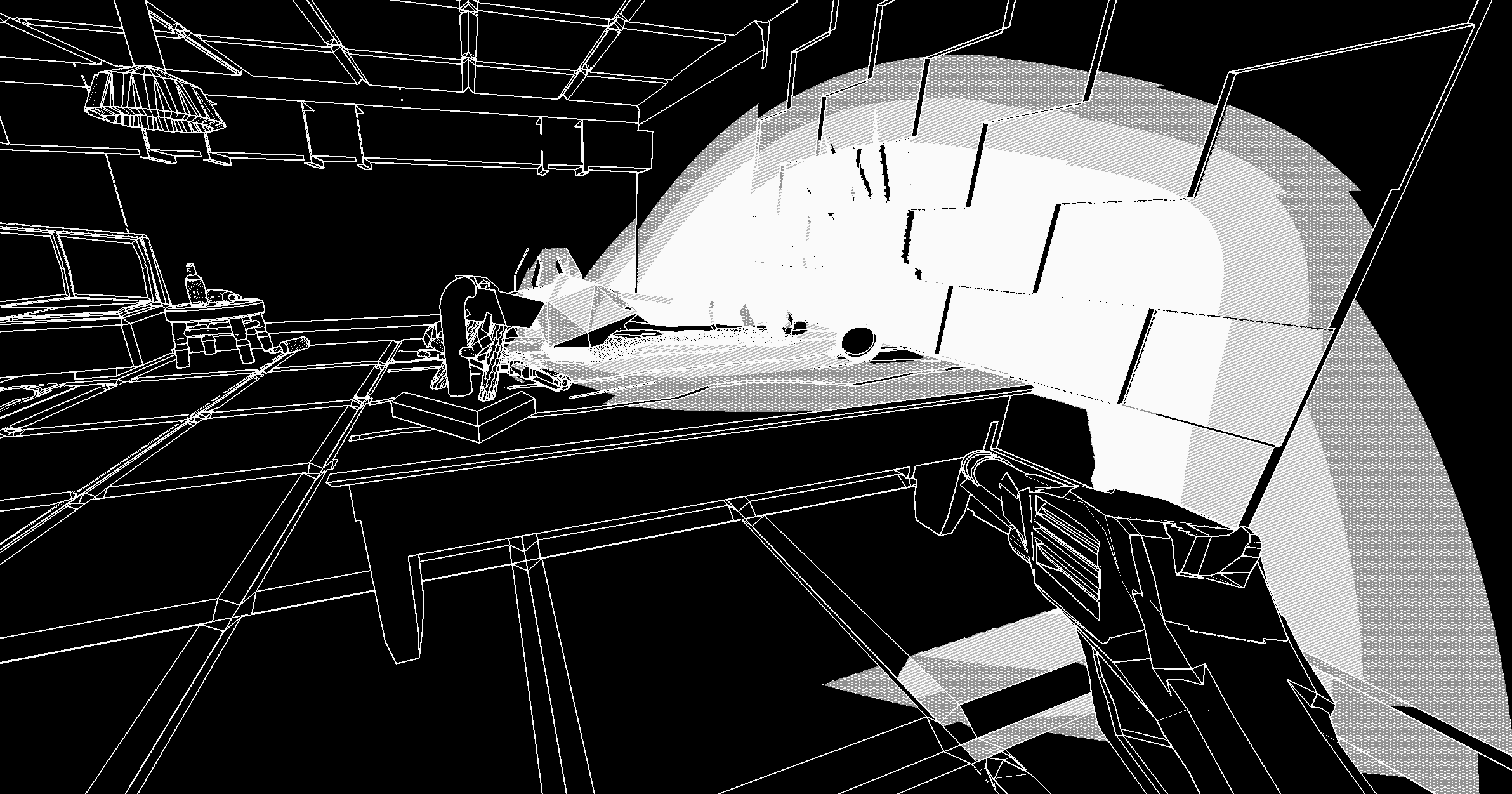 A black table's contents is obfuscated by a blinding light