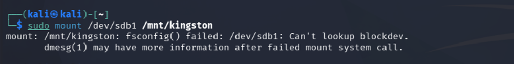 Kali shows a failed mount
