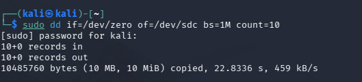 Kali terminal shows a successful wipe of the first 10mb on the broken drive