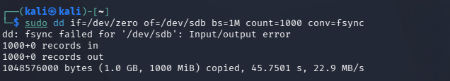 Kali terminal shows a successful wipe of the first 1000mb